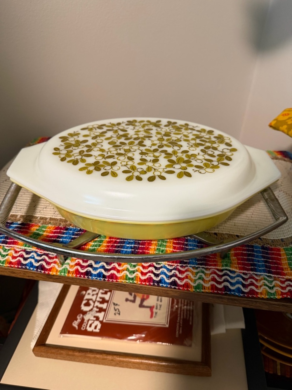 Pyrex olive and verde set with Corning cradle